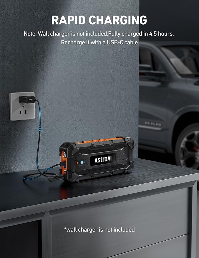 AstroAI S8 Ultra 4000A Jump Starter, 24000mAh Car Starter(All Gas, Up to 12L Diesel Engine), 12V Auto Battery Booster Pack, Jump Box with USB Quick Charge and DC/Type C Port, LED Light, Jumper Cable