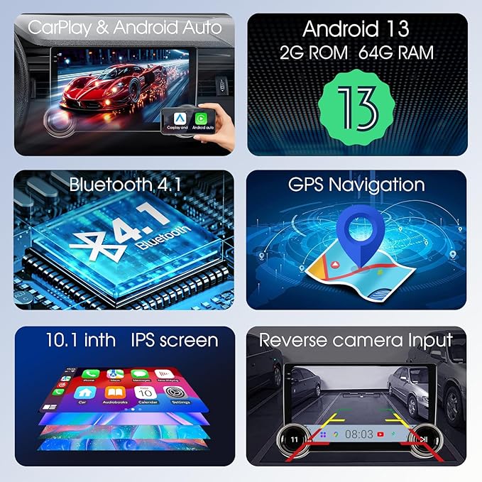 10.1" Wireless CarPlay & Android Auto Car Stereo - 2GB RAM 64GB ROM, DSP Sound, 1080P Backup Camera, Bluetooth 5.0, HD Touchscreen Media Receiver