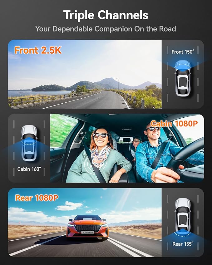 WOLFBOX i07 3 Channel Dash Cam Built-in WiFi GPS, 4K Dash Camera Front and Inside, 1440P+1080P+1080P Triple Car Camera with 3" LCD Screen, 32GB Card Included, IR Night Vision, 24H Parking Mode