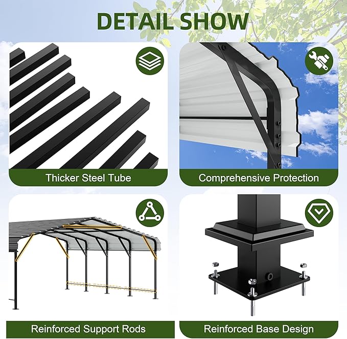 JAMFLY Carport, 20X20 FT Metal Carport, Heavy Duty Carport Canopy with Galvanized Steel Roof and Frame, Metal Carport Upgraded Extra Large Garage for Pickup, Boat, Car and Tractors