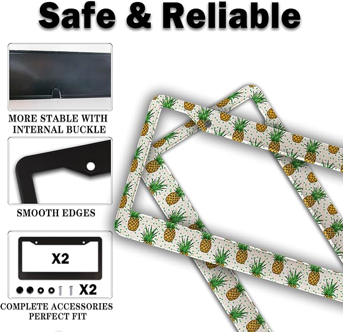 Car License Plate Frame Black Yellow License Plate Frames Yellow Pineapple Aluminum Metal Car Accessory 2 Pack with Screw Covers Set