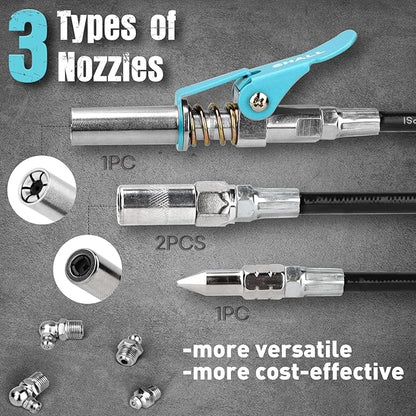 SHALL Grease Gun, 7000 PSI Heavy Duty Pistol Grip Grease Gun Kit w/Grease Gun Coupler, 18” Spring Flex Hose, Reinforced Coupler, 2 Extension Rigid Pipe, Sharp Nozzle, Fittings Cleaner | 14oz Load