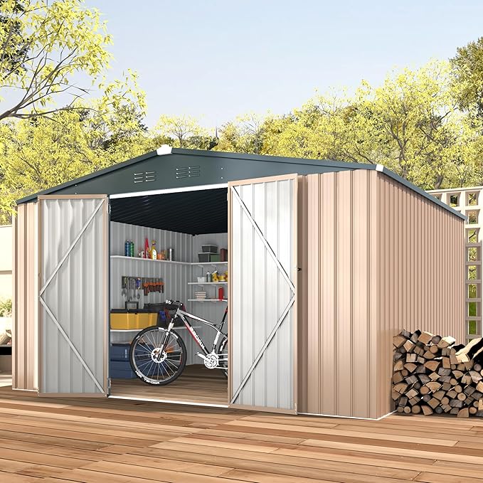AECOJOY 12' x 10' Outdoor Storage Shed, Large 10x12 Metal Sheds & Outdoor Storage Clearance Steel Yard Shed with Lockable Doors, Utility and Tool Storage Garden Shed for Backyard, Patio, Outside use