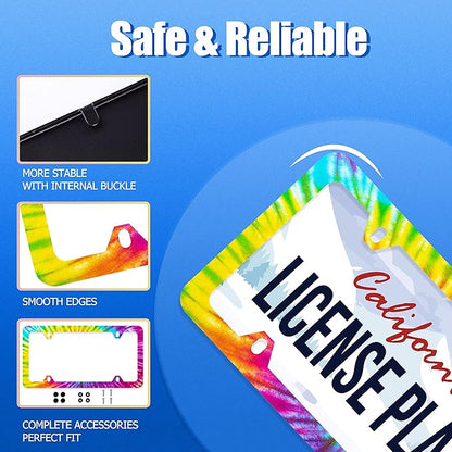 Colorful Hippie Tie Dye License Plate Frame Beautiful License Plate Stainless Steel Parts Funny License Plate Decorative with Screws Size 12.3" x 6.3" Women
