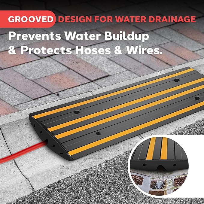 Pyle 4 ft. Rubber Curb Ramp, Non-Slip Threshold Single Ramp for Driveways & Sidewalks, Marine Grade Waterproof, Yellow Reflective Strips, Expansion Screws Included, 48.0’’x 16.0’’ x 2.6’’ Inch