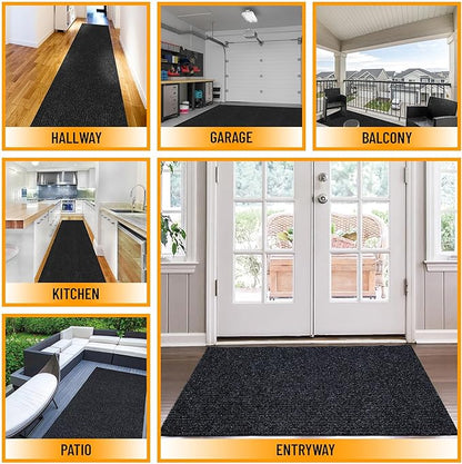 Ottomanson 2' x 11' Hallway Runner with Scraper Pile Extra Durable Non-Slip Rug Mat for Indoor & Outdoor Use - Ideal for Kitchen, Entryway, Patio & Garage - High-Traffic Carpet, Black