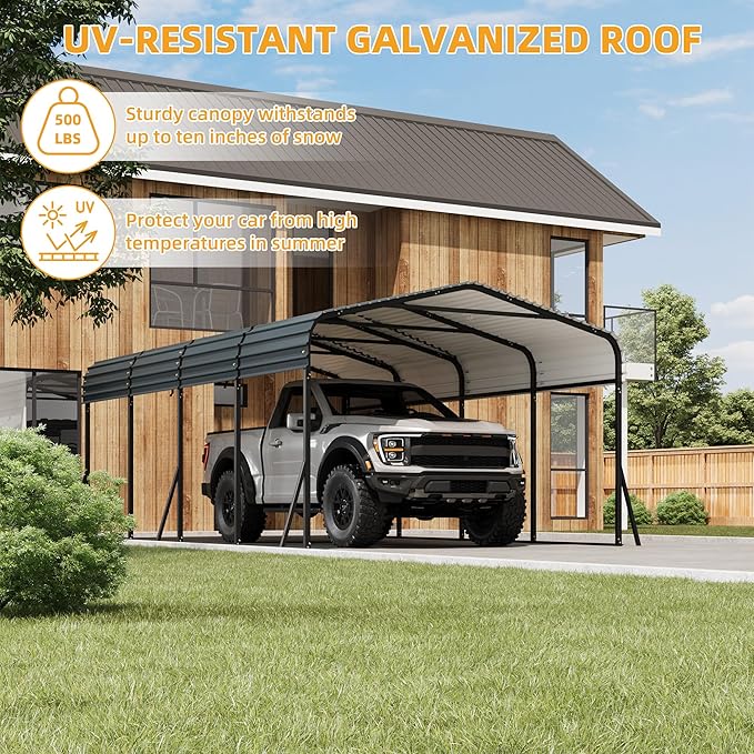 12 x 20 FT Metal Carport with Galvanized Steel Roof, Heavy Duty Metal Roof Carport with Enhanced Base, Tall Kits Garage for Tractors, Trucks, Boats, Cars
