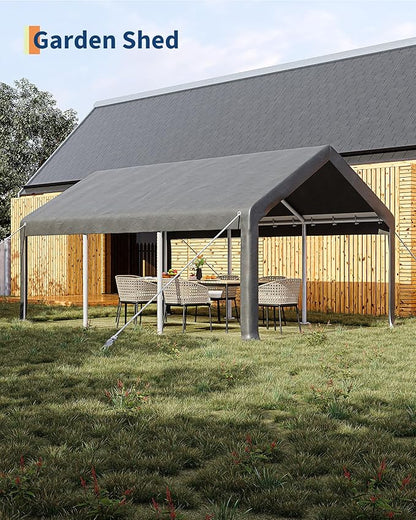 13x20 Ft Carport with 8 Sandbags, Car Port with 220g PE Tarp, 2 Roll-Up Doors, and 4 Windows, for Full-Size Pickups, Bass Boats, Tractors, and SUVs, Gray