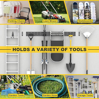 Ultrawall Garage Storage Organization, Versatile Storage Hooks Garden Tool Organizer Wall Mount, 48 Inch Yard Tool Organizer Hangers for Shovels, Rakes, Ladders, 15pcs Black