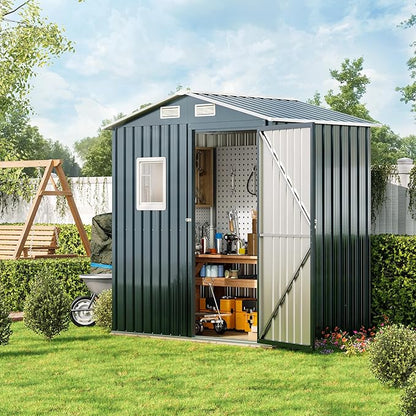 6X4X6.5 FT Compact Vertical Outdoor Steel Storage Shed with Lockable Doors, Ideal for Garden, Backyard, and Patio Utility and Small Tool Storage,Bike Shed, Garbage Can, Chicken Coop