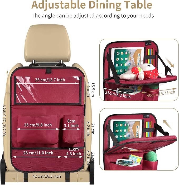LUCMO Car Backseat Organizer with Tablet Holder,6 Storage Pockets Car Storage Organizer with Foldable Food Tray,Seat Protectors Kick Mats Travel Accessories-Red