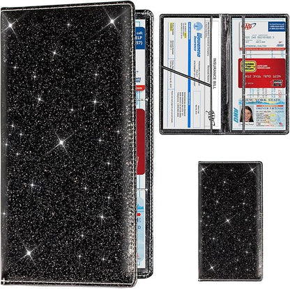 TOURSUIT Car Registration and Insurance Card Holder, Vehicle License Document Glove Box Compartment Organizer, Interior Car Accessories for Women Men Teens (Glitter Black)
