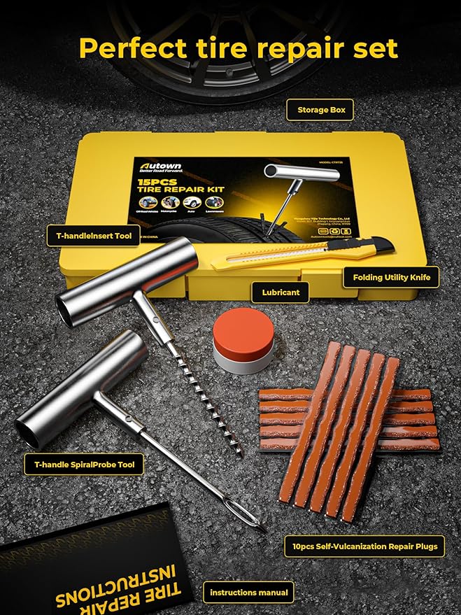 Tire Repair Kit with Plugs Fix Punctures & Plug Flats with Ease - Heavy Duty Flat Tire Puncture Repair Kit for Car, Motorcycle, ATV, UTV, RV, Trailer, Tractor, Jeep, Etc