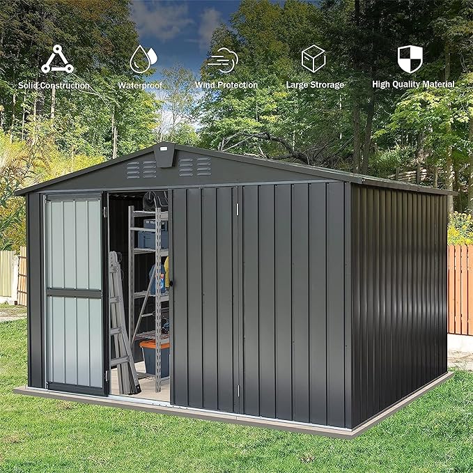 IKERY Galvanized Steel Storage Shed - 10' x 8' with Lockable Door, Extra - Large Metal Garden Shed for Bikes, Tools and Trash Cans, Perfect for Backyard and Patio, Dark Gray