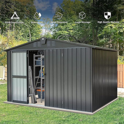 IKERY Galvanized Steel Storage Shed - 10' x 8' with Lockable Door, Extra - Large Metal Garden Shed for Bikes, Tools and Trash Cans, Perfect for Backyard and Patio, Dark Gray