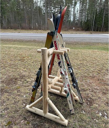 8-Place Freestanding Log Ski Rack Holder, Indoor & Outdoor Snowboard Racks, Standing Storage, Garage Racks for Snow Skis, Durable Snowboard Rack Garage Storage Organizer - Unfinished + 15" Anchor Kit
