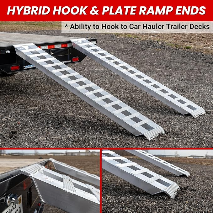 Gen-Y Heavy Duty Aluminum Loading Ramps - Set of 2-10 Foot Trailer Ramps, 10000 lbs Capacity, 15 Inch Wide, Hybrid Hook and Plate Ends, Serrated Cross Rungs for Maximum Traction