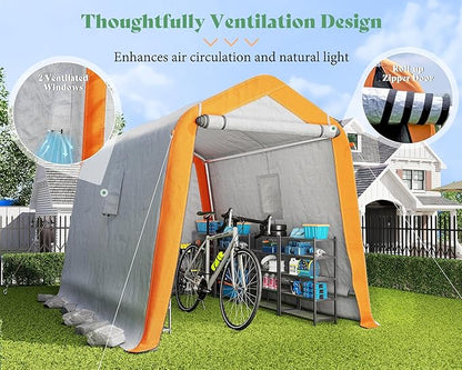AMERLIFE 6x8x6.6 FT Heavy Duty Portable Shed Storage Shelter, Outdoor Storage Shed with 2 Waterproof Windows & Roll-Up Zipper Door, Carport for Motorcycle, Bike, Grey