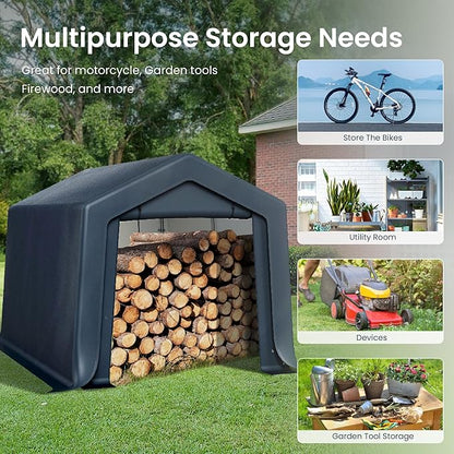PHI VILLA 8'x12'x7.3' Outdoor Portable Storage Shelter Shed Garage with 2 Roll up Zipper Doors & Vents Carport for Motorcycle Bike Waterproof and UV Resistant Anti-Snow Portable Garage Kit Tent, Gray
