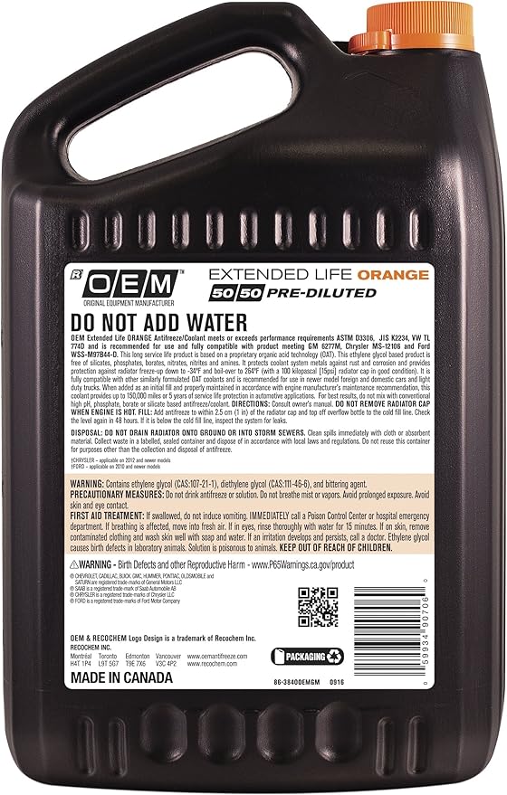 OEM Recochem American Vehicles Premium Antifreeze 50/50 Extended Life Coolant Orange, 1 Gallon, 4 Pack