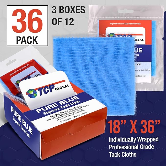 TCP Global - Pure Blue Superior Tack Cloths - Tack Rags (Box of 36) - Automotive Car Painters Professional Grade - Removes Dust, Sanding Particles, Cleans Surfaces - Wax and Silicone Free, Anti-Static
