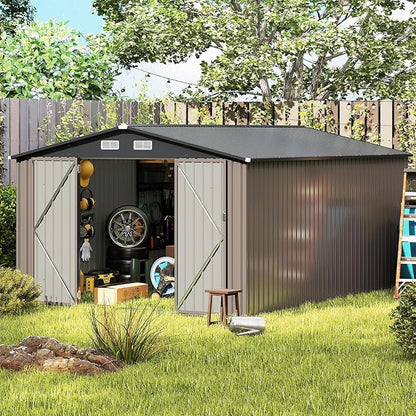 Goplus 10 x 14 FT Outdoor Storage Shed, Large Garden Tool House w/Improved Windproof Metal Structure, 4 Vents, Lockable Door, Waterproof Utility Tool Organizer for Backyard, Lawn, Patio