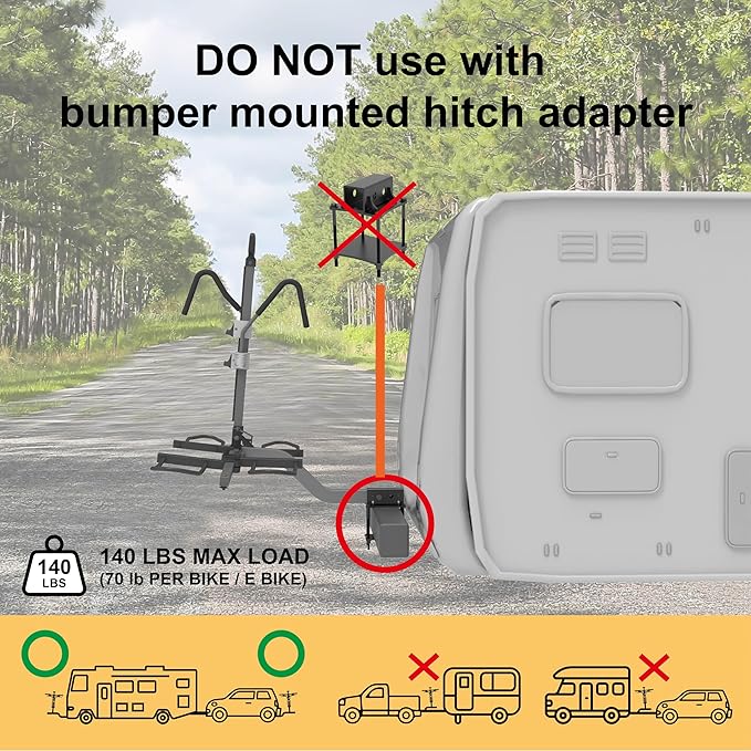HYPERAX Volt RV -RV Approved Hitch Mounted 2 E Bike Rack Carrier for RV,Camper,Motorhome,Trailer,Toad with 2" Tow Hitch Receivers - Up to 2X 70lbs eBikes with Up to 5" Fat Tires
