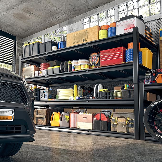 REIBII 60" W Garage Shelving Heavy Duty 2650LBS Storage Shelves Metal Shelving, Adjustable Garage Shelves, 4 Tier Industrial Shelf for Warehouse, Basement, Pantry, 60" W x 24" D x 60" H, 2 Pack