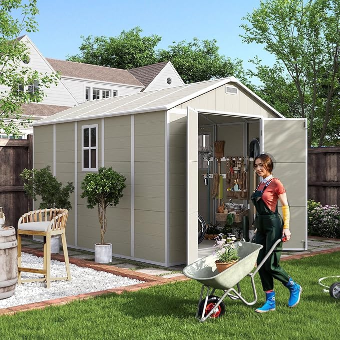 UDPATIO Outdoor Storage Shed 7.5x10.7 FT, Plastic Garden Shed for Bike, Garbage Can, Tool, Outside Sheds & Outdoor Resin Shed with Lockable Door for Backyard, Patio, Lawn, Standstone