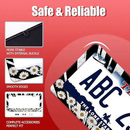Sun License Plate Frame Black White Daisy Flowers License Plate Frames Funny Auto Accessories Bracket Stainless Steel License Plate with Screw 6x12 Inch
