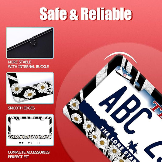 Sun License Plate Frame Black White Daisy Flowers License Plate Frames Funny Auto Accessories Bracket Stainless Steel License Plate with Screw 6x12 Inch