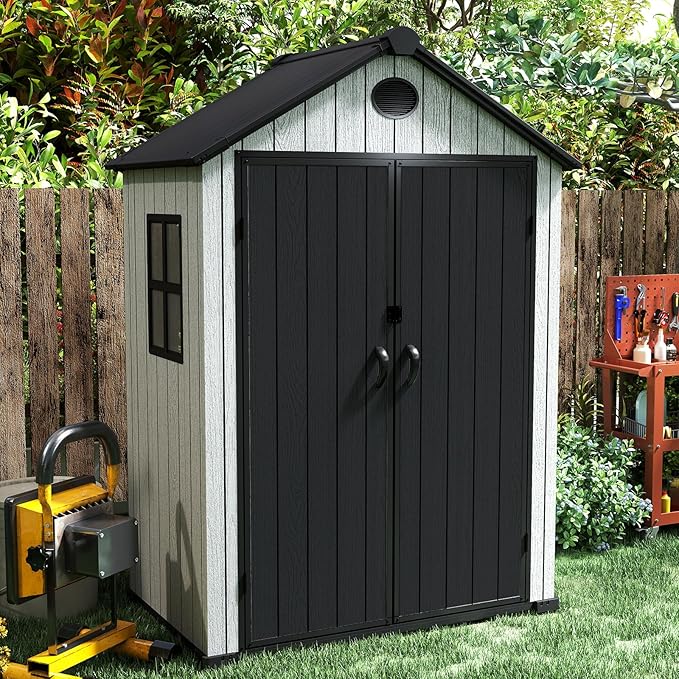 6x4 FT Resin Storage Shed,Lockable Door, and Vents for Garden, Backyard, Patio, Lawn,Grey Black