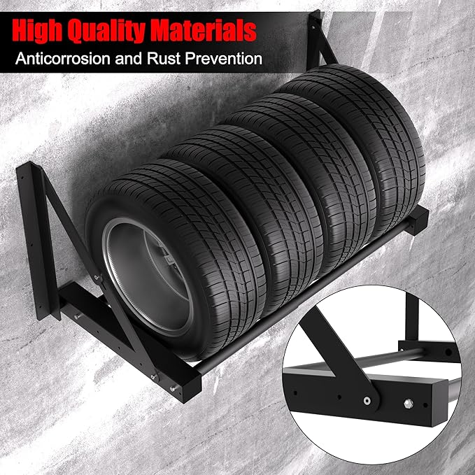 Wall Mount Folding Tire Rack, 32 to 48 Inches Wide Adjustable Tire Storage Rack, Heavy-Duty Steel Tire Storage Rack for Garage ,Workshop, Repair Shop, Supports 400 Pounds and Folds Flat