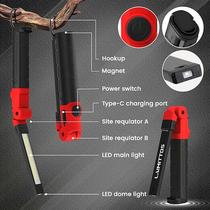 Rechargeable Work Light 2200mAh Magnetic LED Work Light Flashlight Mechanic Light Tool Gifts for Men Him, Foldable Lamp with Hook for Car Repair Emergency BBQ Grill