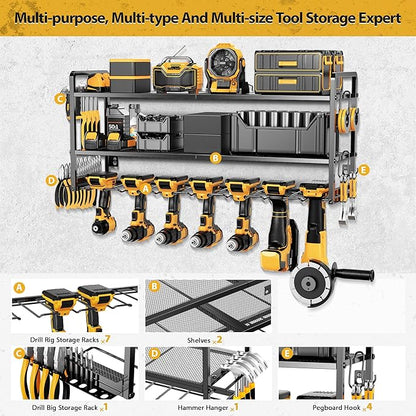 LBT Power Tool Organizer Wall Mount - 3 Layer Heavy Duty Tool Storage Rack with 7 Cordless Drill Holders, Loads 160Lbs Utility Rack for Garage, Workshop, Shed - Cool Gifts for Men, Dad, Husband