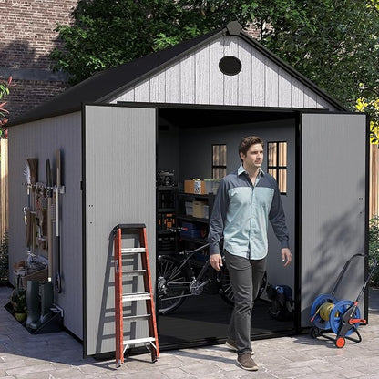 7.3x11.2 FT Resin Outdoor Storage Shed Large, 566 Cuft Garden Tool Sheds & Outdoor Storage Plastic Shed with Floor, 8FT Tall Backyard Lawn Mower Storage Shed with Side Window, Cemented Grey