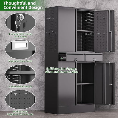 71" Metal Garage Storage Cabinet with 8 Hooks and Pegboards,2 Drawer Tool Storage with Locking Doors and Adjustable Shelves,Heavy Duty Steel Tool Cabinet for Garage, Warehouse