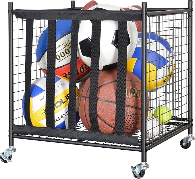 Snail Garage Sports Equipment Storage Organizer Sports Ball Storage Rolling Cart with Basket and Hooks Lockable Sports Ball Cage Storage Rack for Garages, Playgroup, Gym and Schools, Black