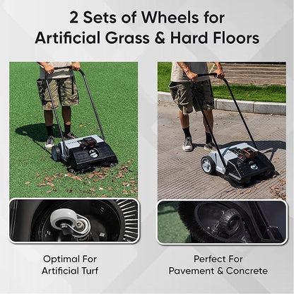 Battery Powered Artificial Grass & Hard Surface Sweeper, 22" Wide Cleaning Path, 6.5-Gal Bin, Adjustable Height, 4h Battery, Foldable, for Artificial Grass, Sidewalks, Driveways, Workshops, Garages