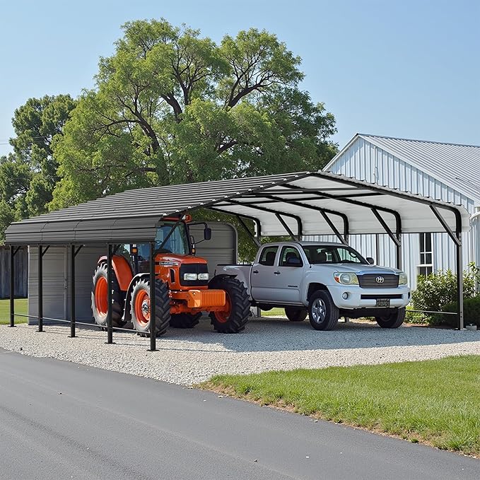 JAMFLY Carport, 20X20 FT Metal Carport, Heavy Duty Carport Canopy with Galvanized Steel Roof and Frame, Metal Carport Upgraded Extra Large Garage for Pickup, Boat, Car and Tractors