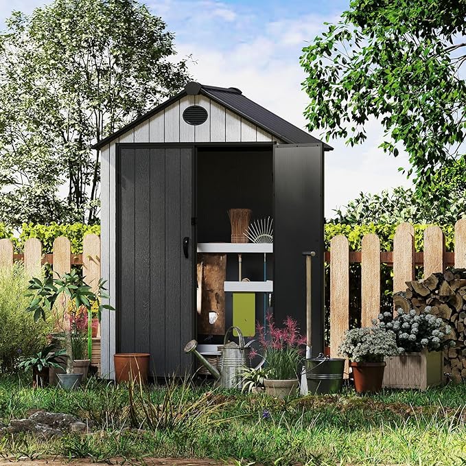 6x4 FT Resin Storage Shed,Lockable Door, and Vents for Garden, Backyard, Patio, Lawn,Grey Black