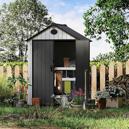 6x4 FT Resin Storage Shed,Lockable Door, and Vents for Garden, Backyard, Patio, Lawn,Grey Black