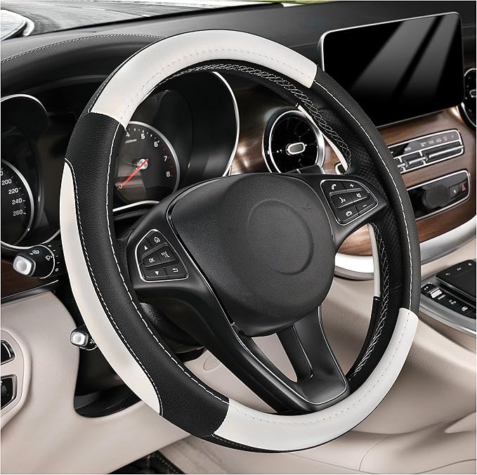 SEG Direct Car Steering Wheel Cover Universal Standard Size 14.5-15 inch, Black and White Microfiber Leather