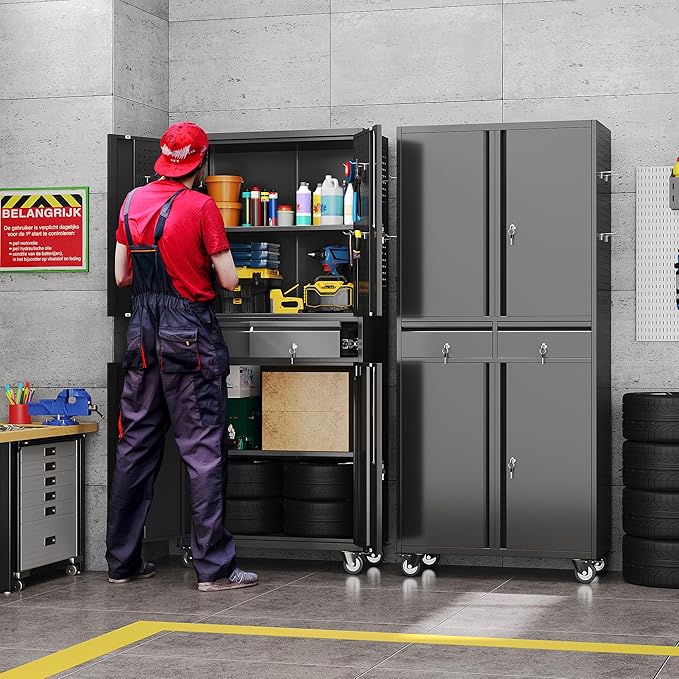 Metal Garage Storage Cabinet with Locking Doors and 2 Adjustable Shelves, Rolling Tool Storage Cabinet with 4 Wheels and 2 Drawer for Garage, Warehouse, Black, Assembly Required