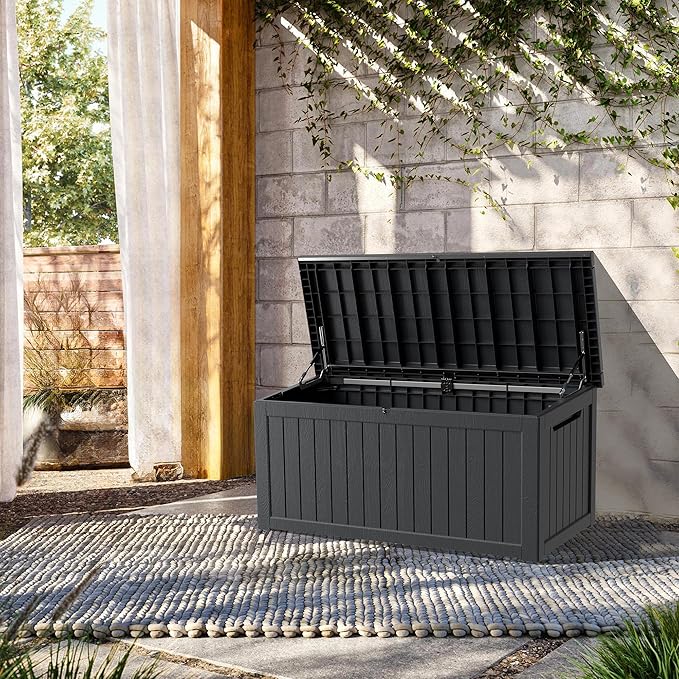 200 Gallon Lockable Resin Deck Box, Waterproof & UV-Resistant Outdoor Storage Box for Outdoor Cushion Storage, Garden Tools & Pool Accessories Storage, Black
