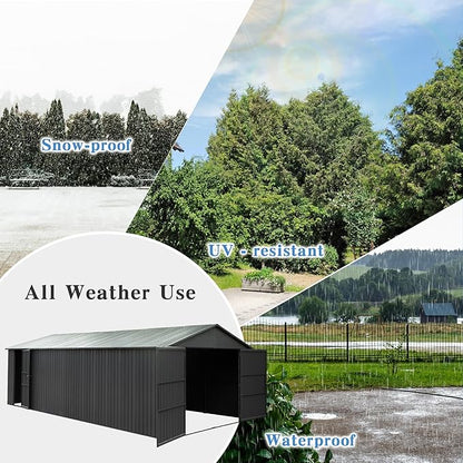 Domi 12x25FT Outdoor Metal Garage Shed, Extra Large Carport with Skylights & Dual-Entry, Backyard Storage Shed for Car, Truck, Lawn Mower and Tool, Dark Grey