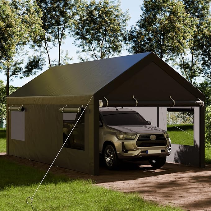 Shintenchi Carport 10' x 20' Heavy Duty Portable Garage, Carport Canopy with Side-Opening Door & Roll-Up Windows, Car Canopy for Truck,Car,Boat,Grey