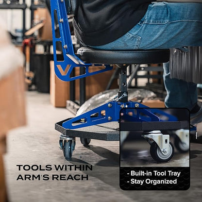 Vyper Robust Steel Sport Shop Chair for Mechanics, Automotive, DIY - 300 lb Capacity Garage Stool with Backrest & Large Wheels (Black Seat, Blue Frame)