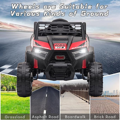 TOBBI 12V Kids Ride on Car, Electric Off-Road UTV Truck with Forward and Reverse Functions, Double Open Doors, Safety Belt, Horn, Music, and Lights for Kids Aged 3-5 Years (Red)