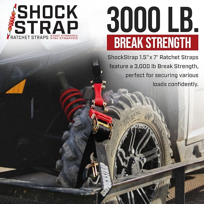 Ratchet Strap, 7’ x 1.5" Shock Absorbing Heavy Duty Tie Downs for Cargo, 1,000 LB WLL / 3,000 LB Break Strength, 2-Pack
